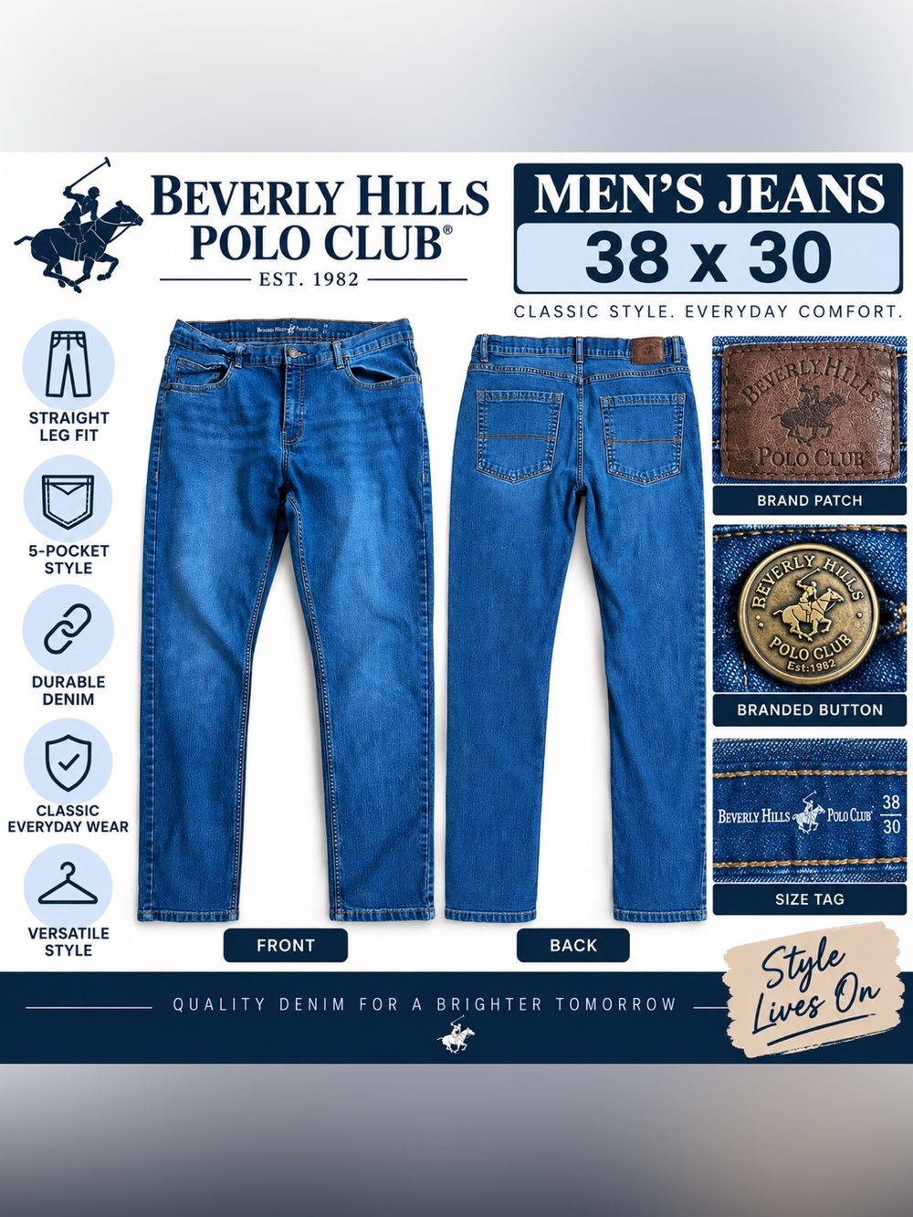 Beverly Hills Polo Club Men’s Straight Jeans 38x30 Blue Denim